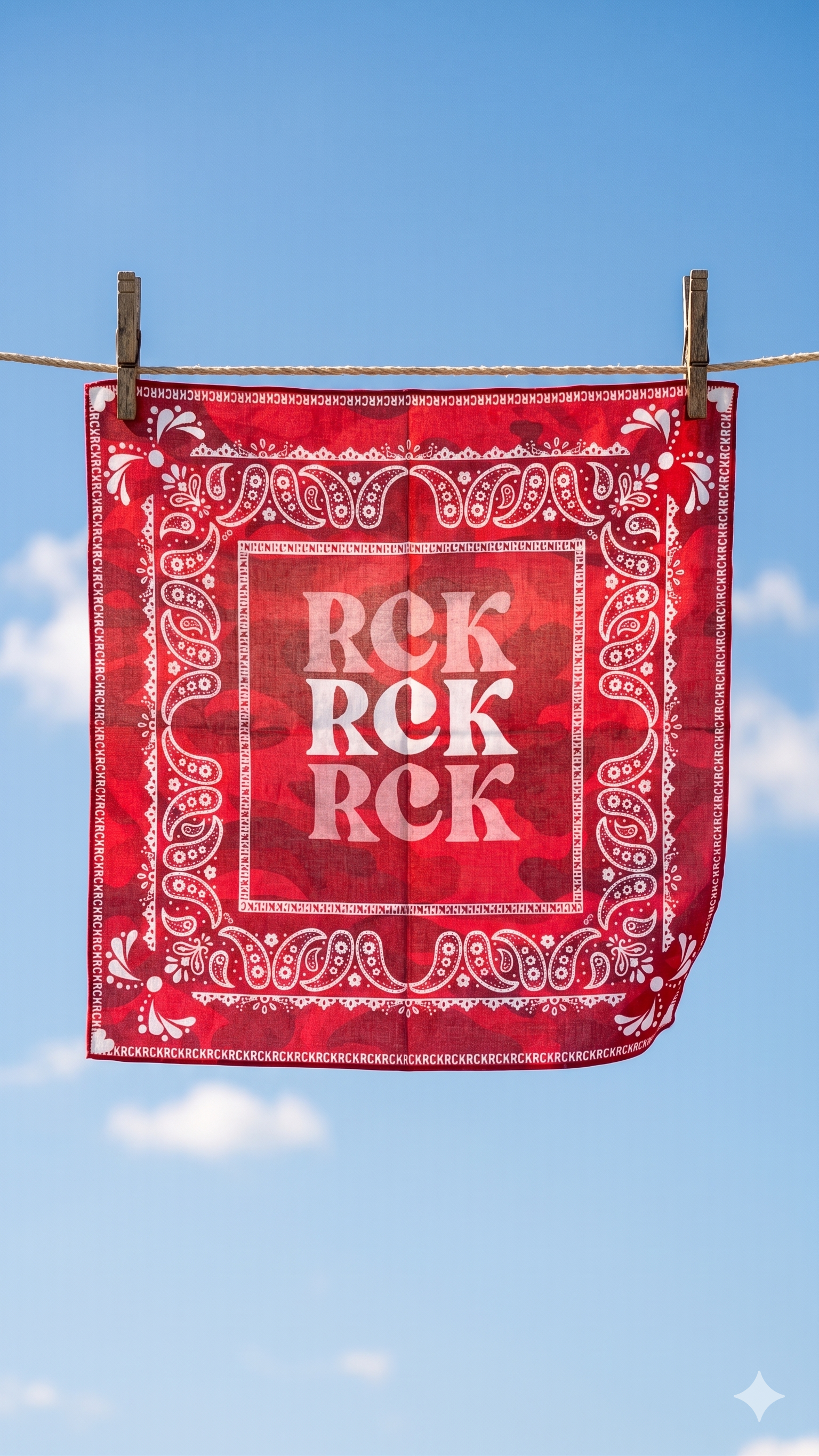 Red bandana with 'RCK' text hanging on a clothesline against a blue sky.